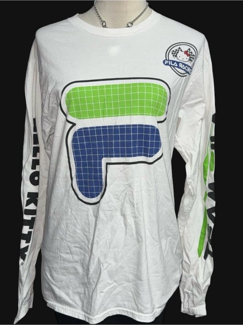 Fila Women’s White Long-Sleeve Graphic Tee with Green & Blue Logo